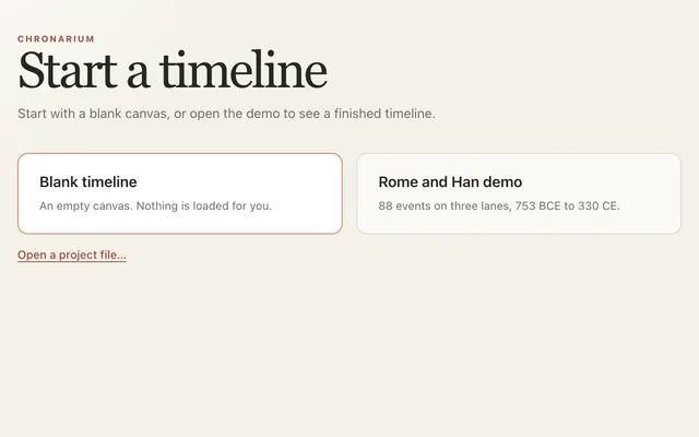 A crop of the start screen: Blank timeline and Rome and Han demo.