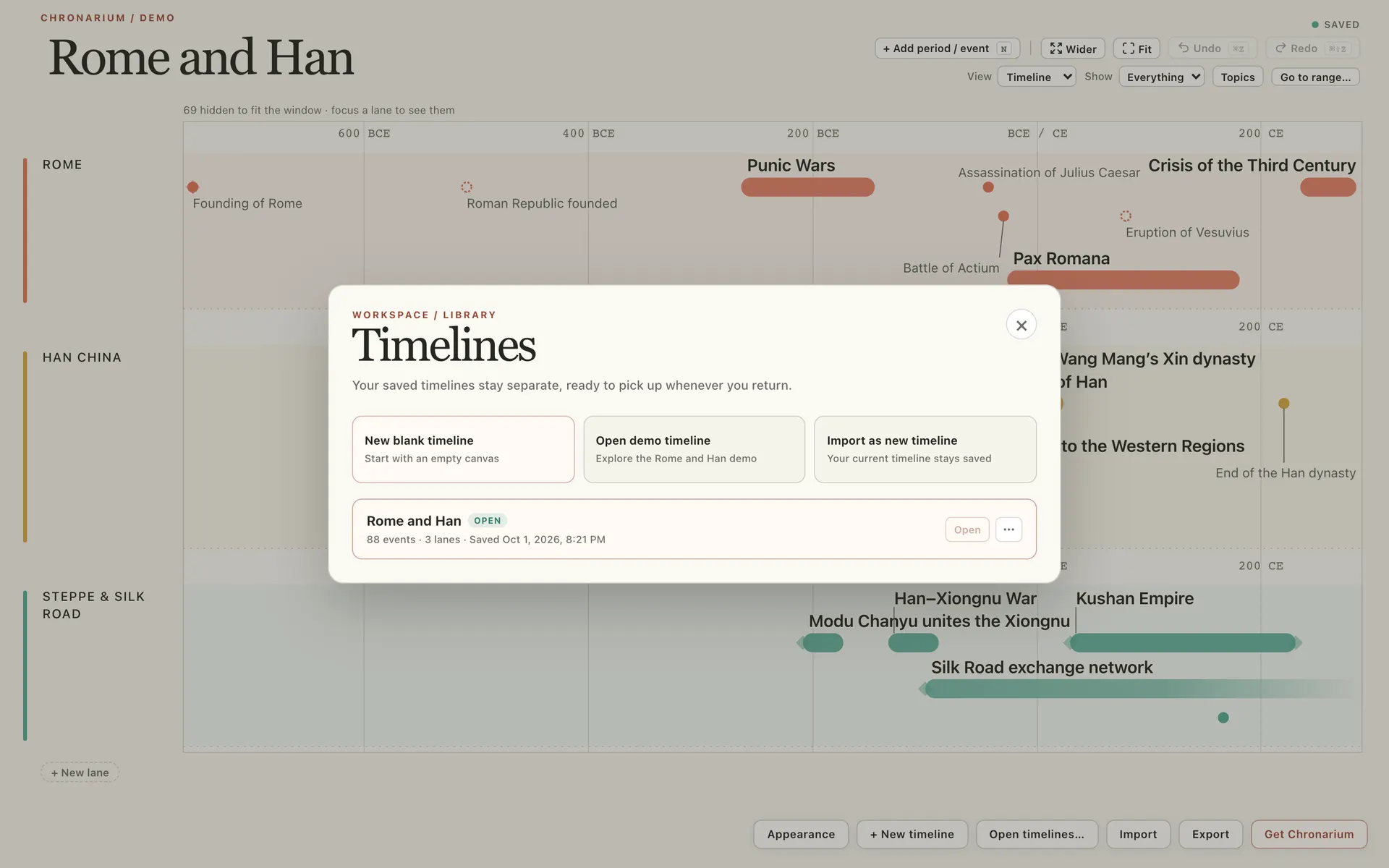 Open timelines: the local library of saved timelines on this Mac, showing Rome and Han, 88 events, 3 lanes.