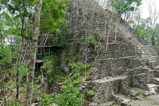 Stone pyramid under excavation at El Mirador, photo