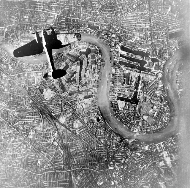 Heinkel He 111 bomber over east London, photograph